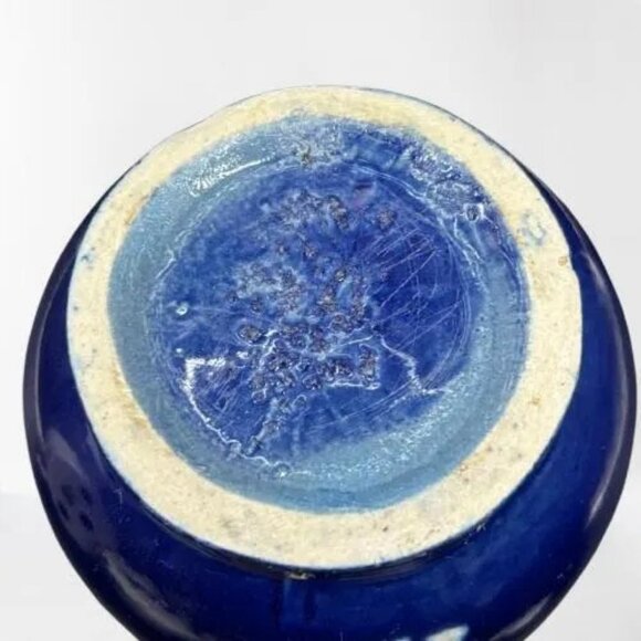 Vintage Chinese Porcelain Cobalt Blue Incised Cherry Blossom Bluebird Vase 8" - Picture 8 of 8